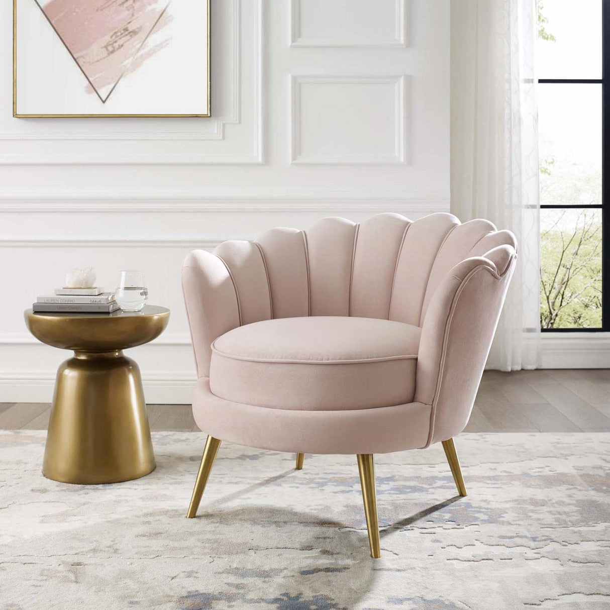 Admire Scalloped Edge Performance Velvet Accent Lounge Arm Chair in Pink