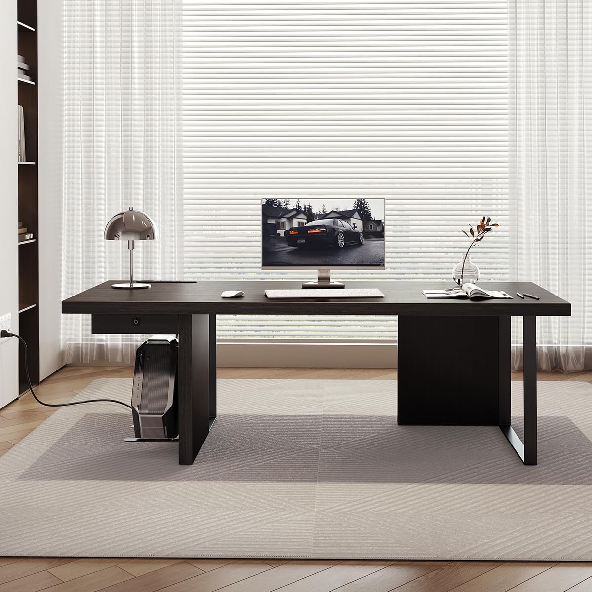 Executive Desk, Large Computer Office Writing Desk with Thickened Desktop, Fingerprint