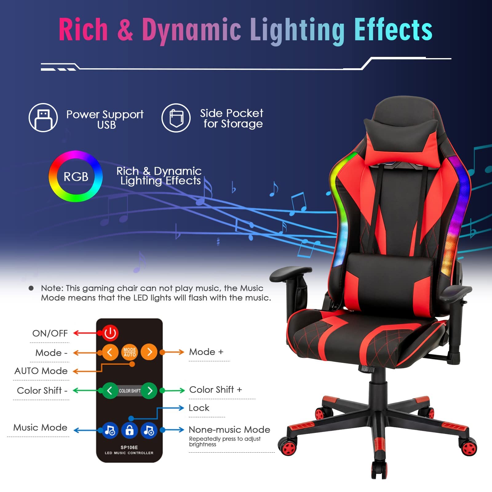 RGB LED Gaming Chair - Ergonomic High Back PVC Leather E-Sport Computer Chair with Lumbar Support