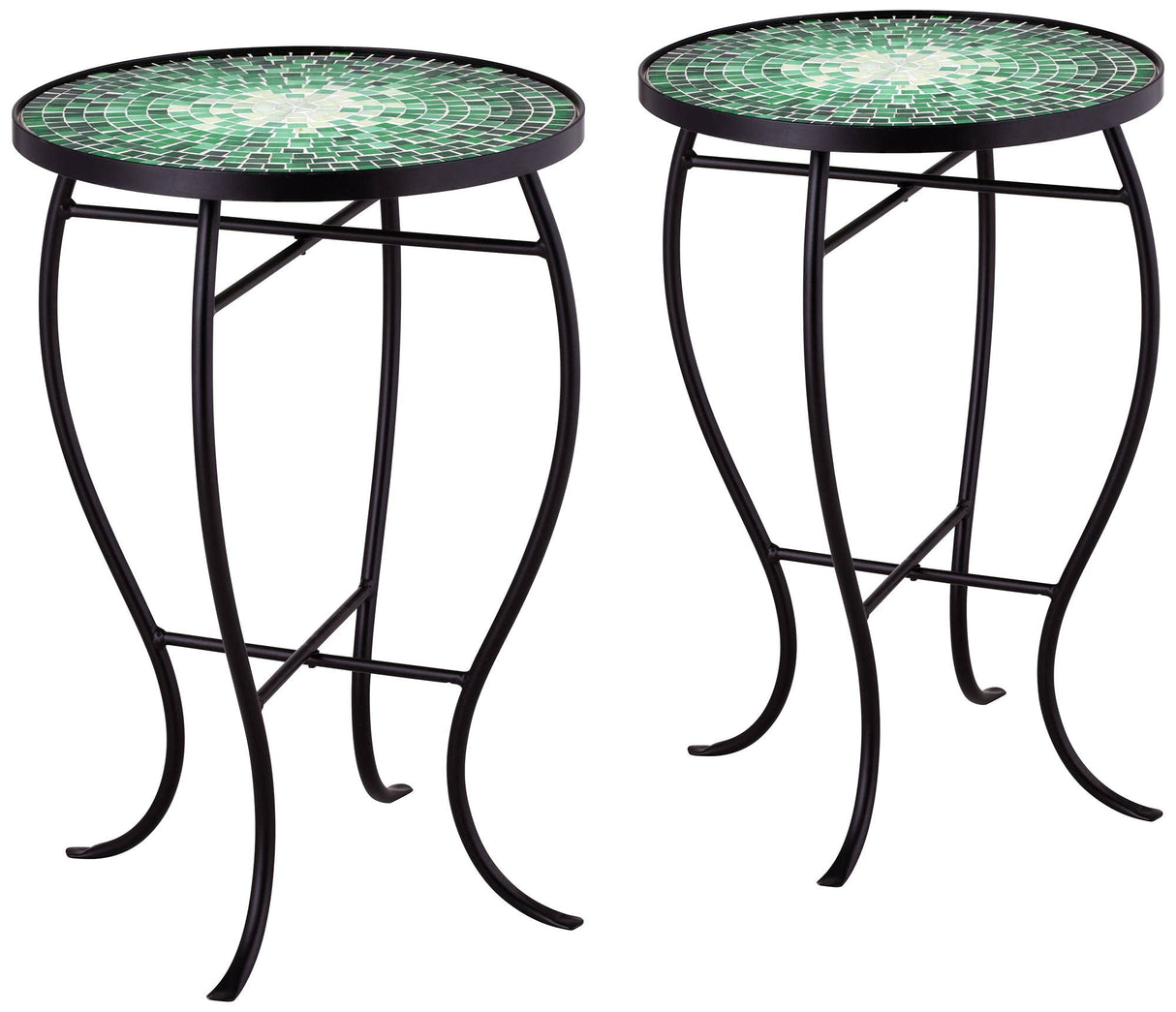 Bella Modern Black Metal Round Outdoor Accent Side Tables 14" Wide Set of 2 Set of 2 Green Mosaic Tile Tabletop Gracefully Curved Legs for Spaces Porch Patio Home House Balcony