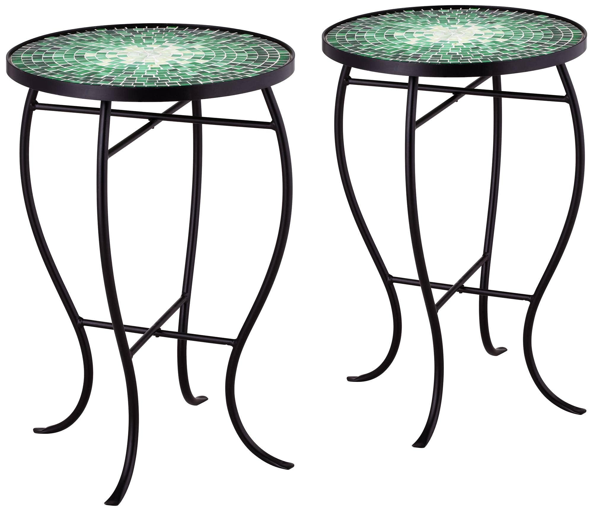 Bella Modern Black Metal Round Outdoor Accent Side Tables 14" Wide Set of 2 Set of 2 Green Mosaic Tile Tabletop Gracefully Curved Legs for Spaces Porch Patio Home House Balcony