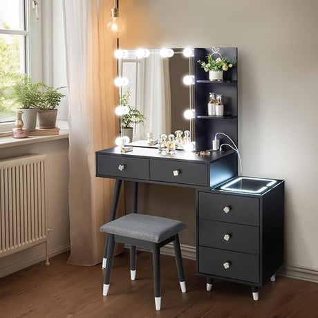 Lighted Vanity Desk with Mirror Cabinet & Charging Station Modern Makeup Vanity Table with 5 Drawers