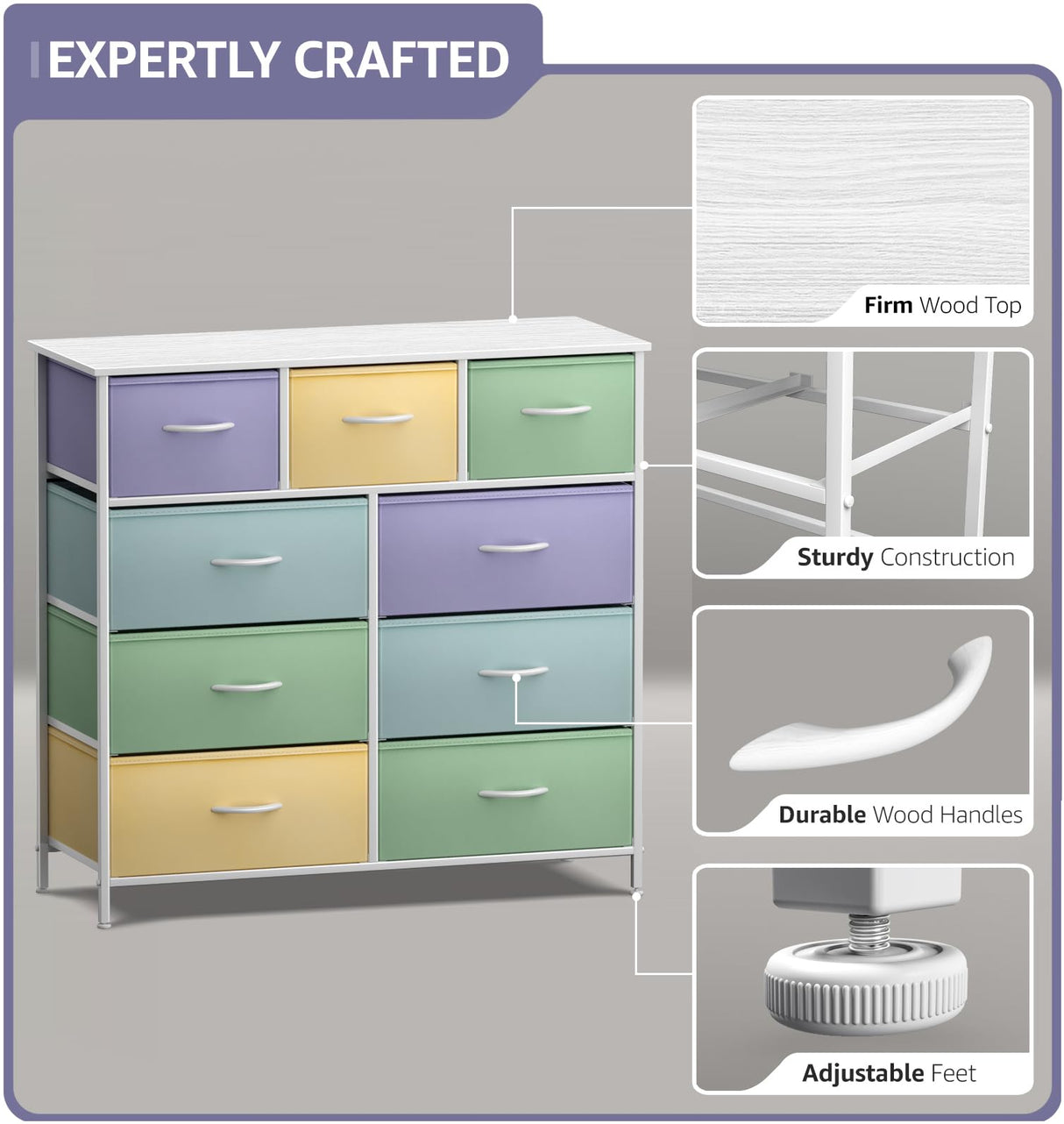 Sorbus Kids Dresser with 9 Drawers - Furniture Storage Chest Tower Unit for Bedroom, Hallway, Closet, Office Organization - Steel Frame, Wood Top, Fabric Bins (Pastel 1, Pastel)