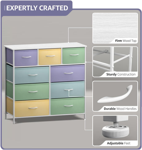 Sorbus Kids Dresser with 9 Drawers - Furniture Storage Chest Tower Unit for Bedroom, Hallway, Closet, Office Organization - Steel Frame, Wood Top, Fabric Bins (Pastel 1, Pastel)