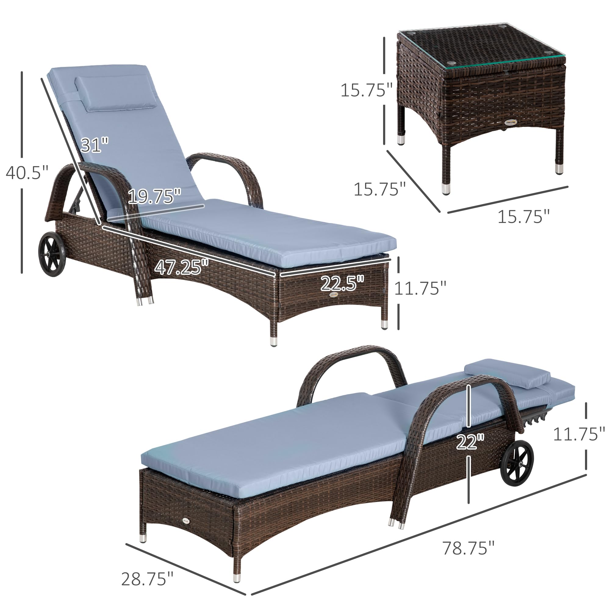 Wicker Outdoor Chaise Lounge Set of 2, 5-Level Adjustable Backrest PE Ratta