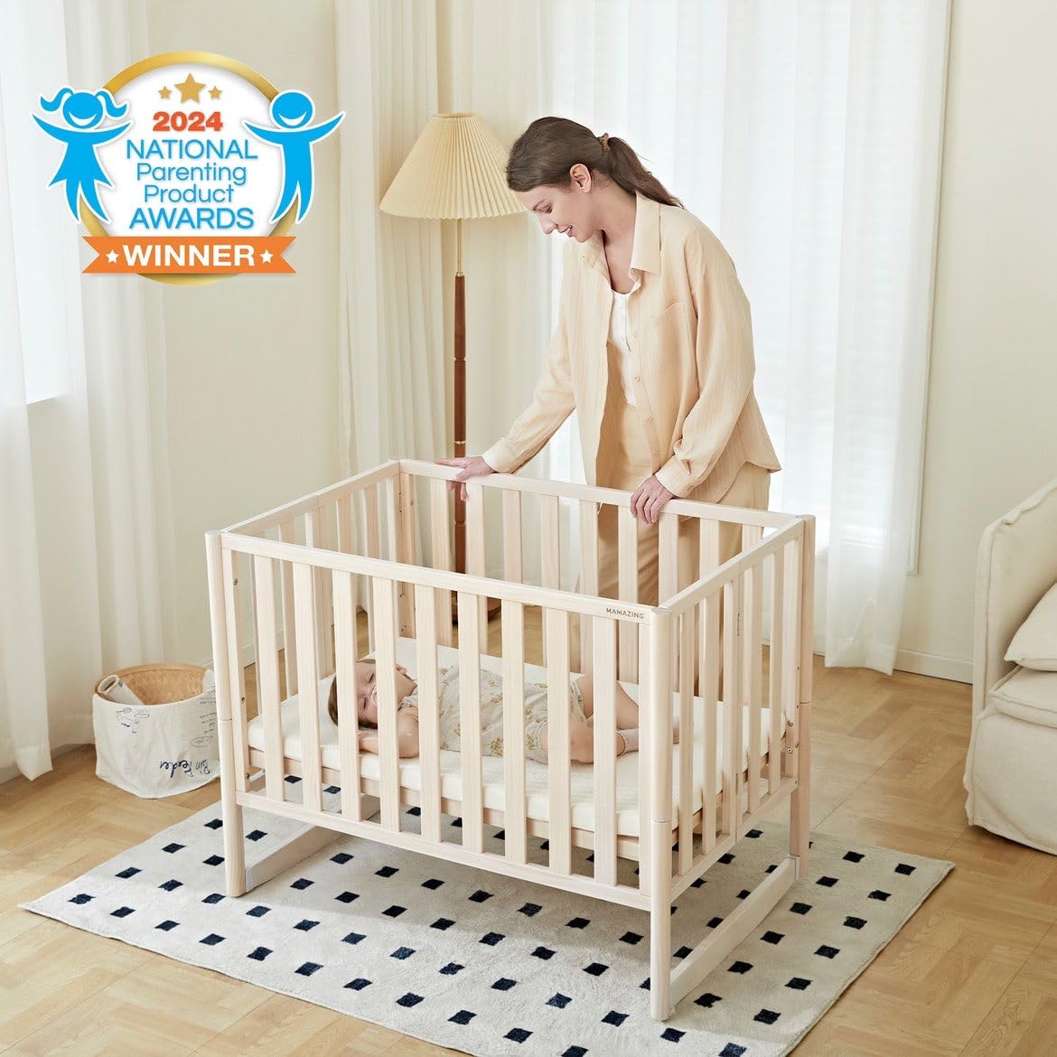 MAMAZING EvoNook 7-in-1 Convertible Mini Crib - Easy Assembly, Portable Folding Baby Mini Crib with Mattress, 100% New Zealand Pinewood, 4 Adjustable Mattress Heights, Washed White