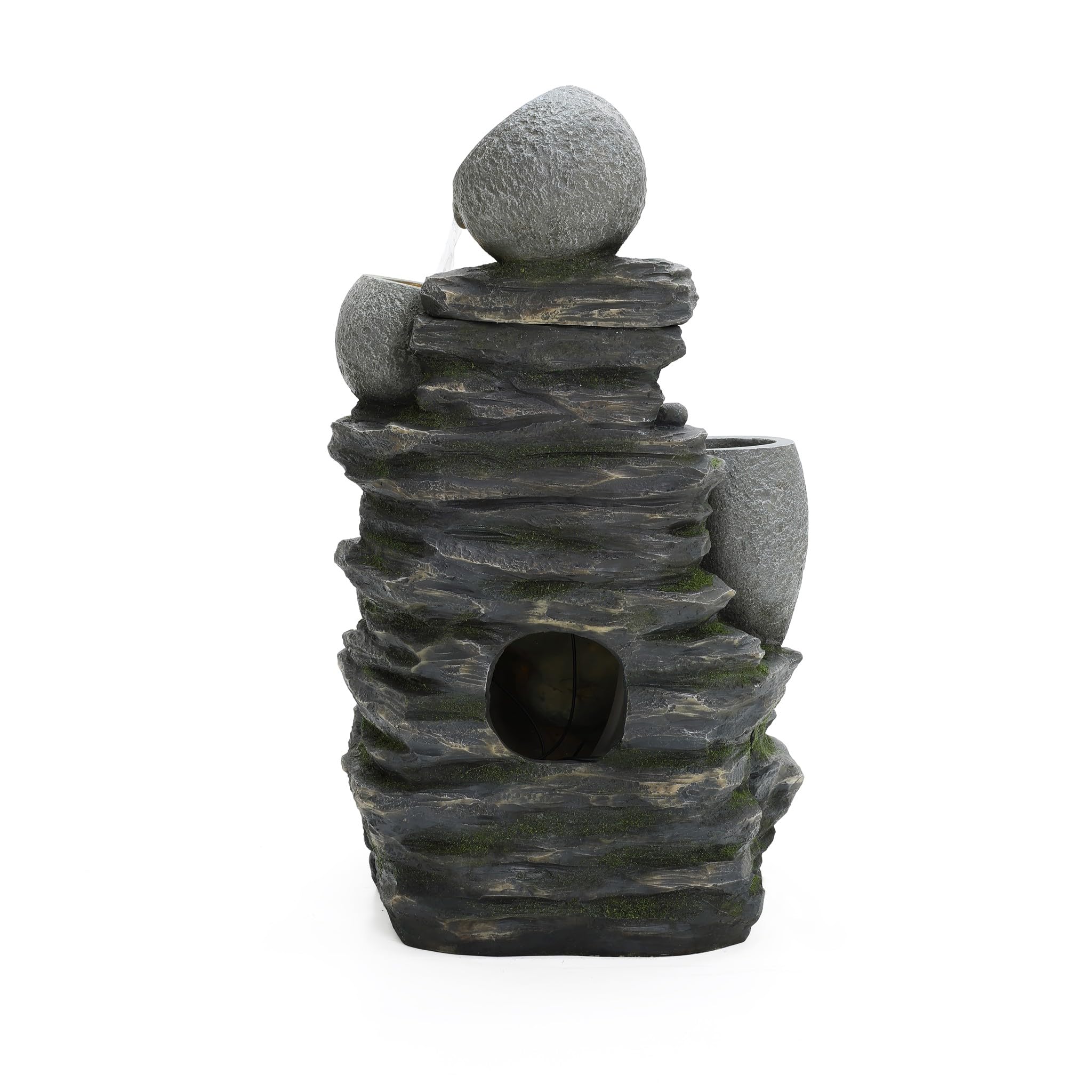30 Inch Tall Outdoor Water Fountain, 4 Tiers Cascading Pots & Rock Cascading