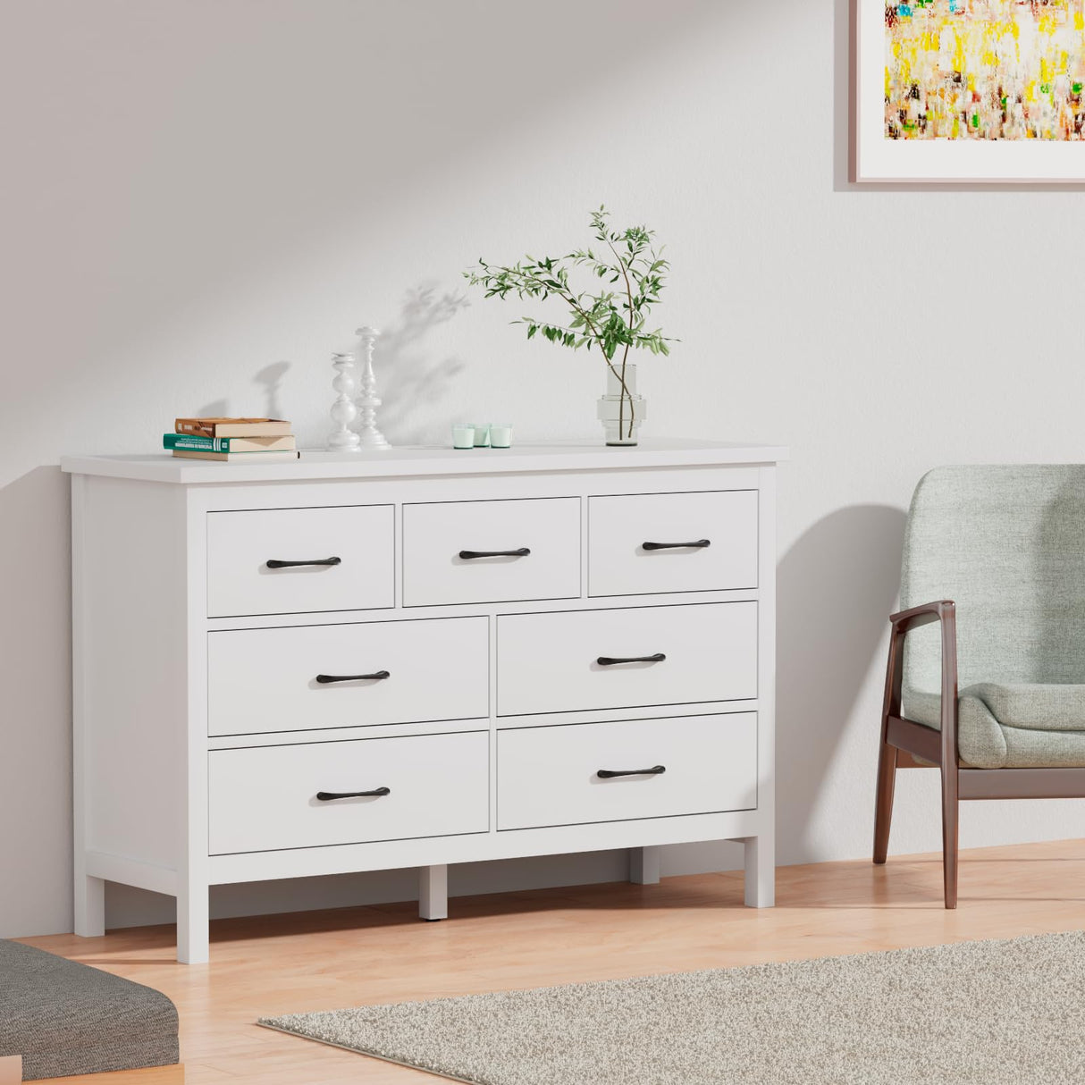 Dresser for Bedroom with 7 Drawers, Modern White Dresser with Golden Handles