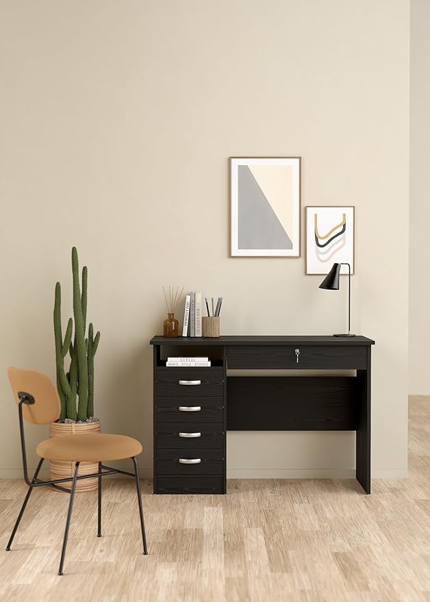 Desk with 5 Drawers, Black Woodgrain