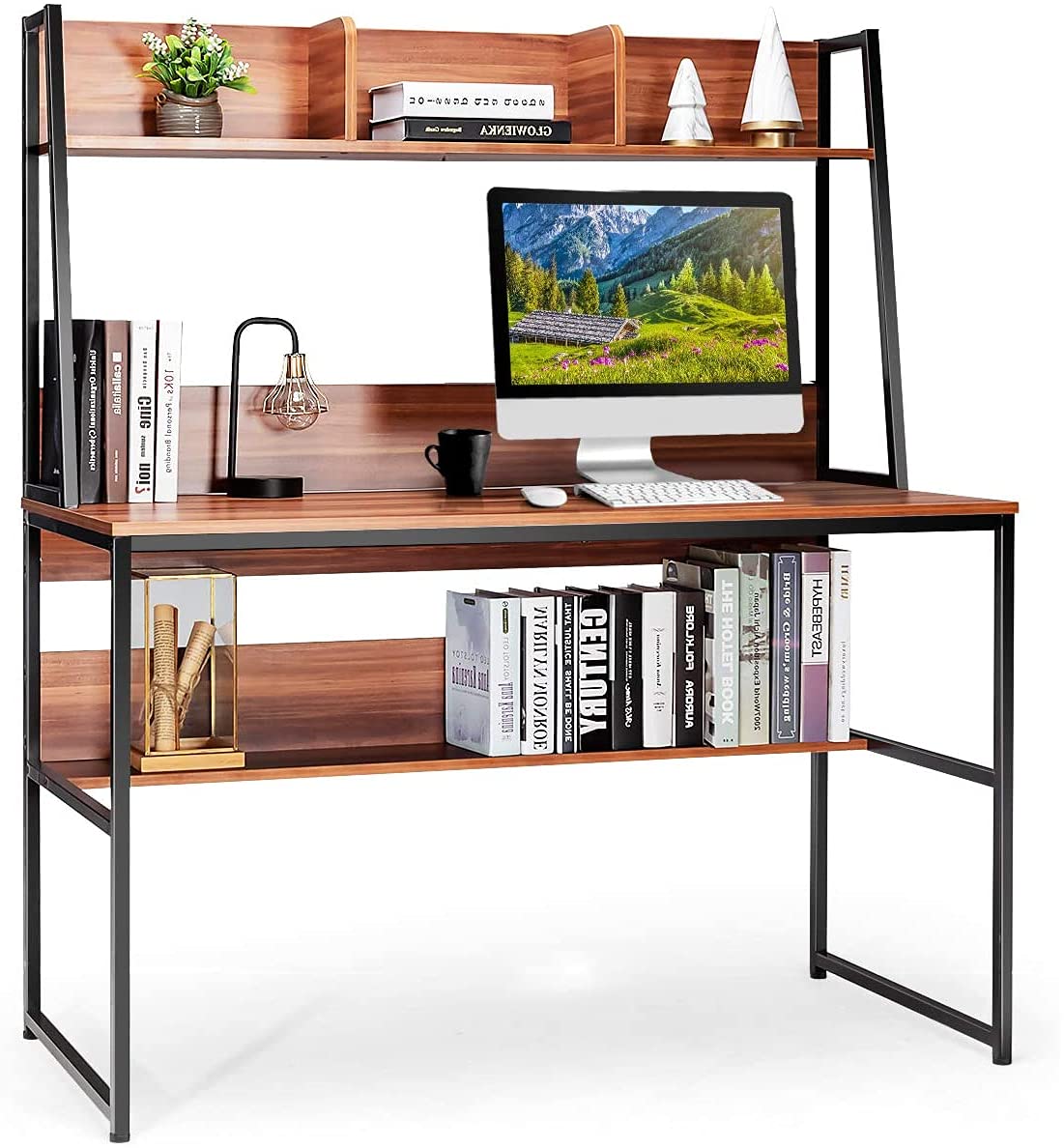 Computer Desk with Hutch & Bookshelf, 47" PC Laptop Table Workstation w/ 3 Storage Cubes & Open
