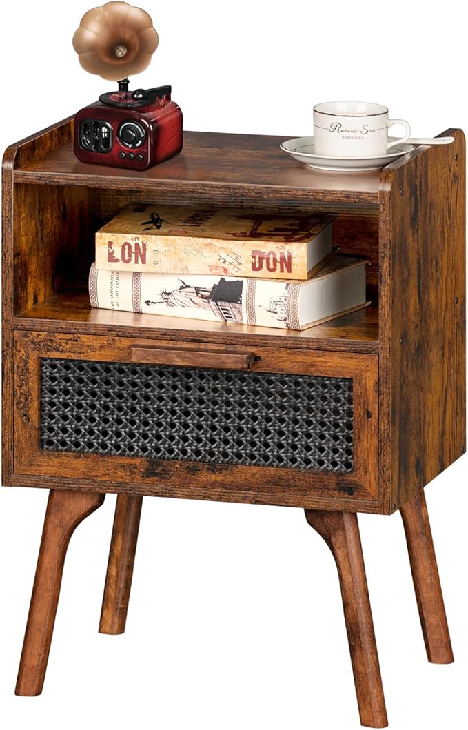 Rattan Nightstand, Boho Side Table with Drawer Open Shelf, Cane Accent Bedside End Table with Solid