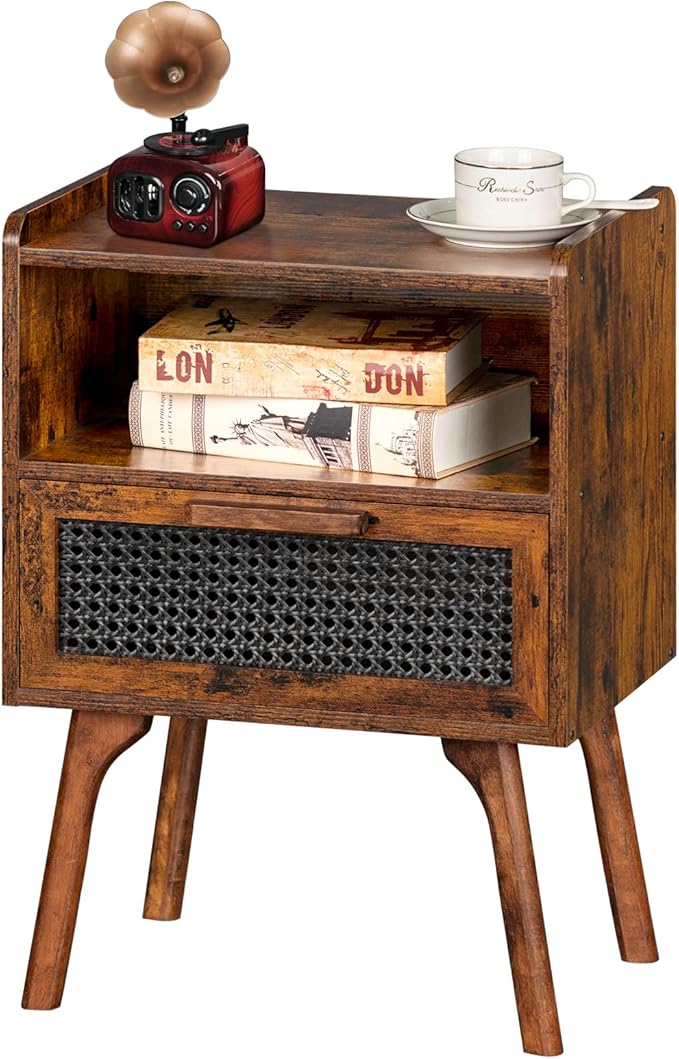Rattan Nightstands Set of 2, Boho Side Table with Drawer Open Shelf