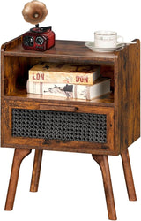 Rattan Nightstands Set of 2, Boho Side Table with Drawer Open Shelf