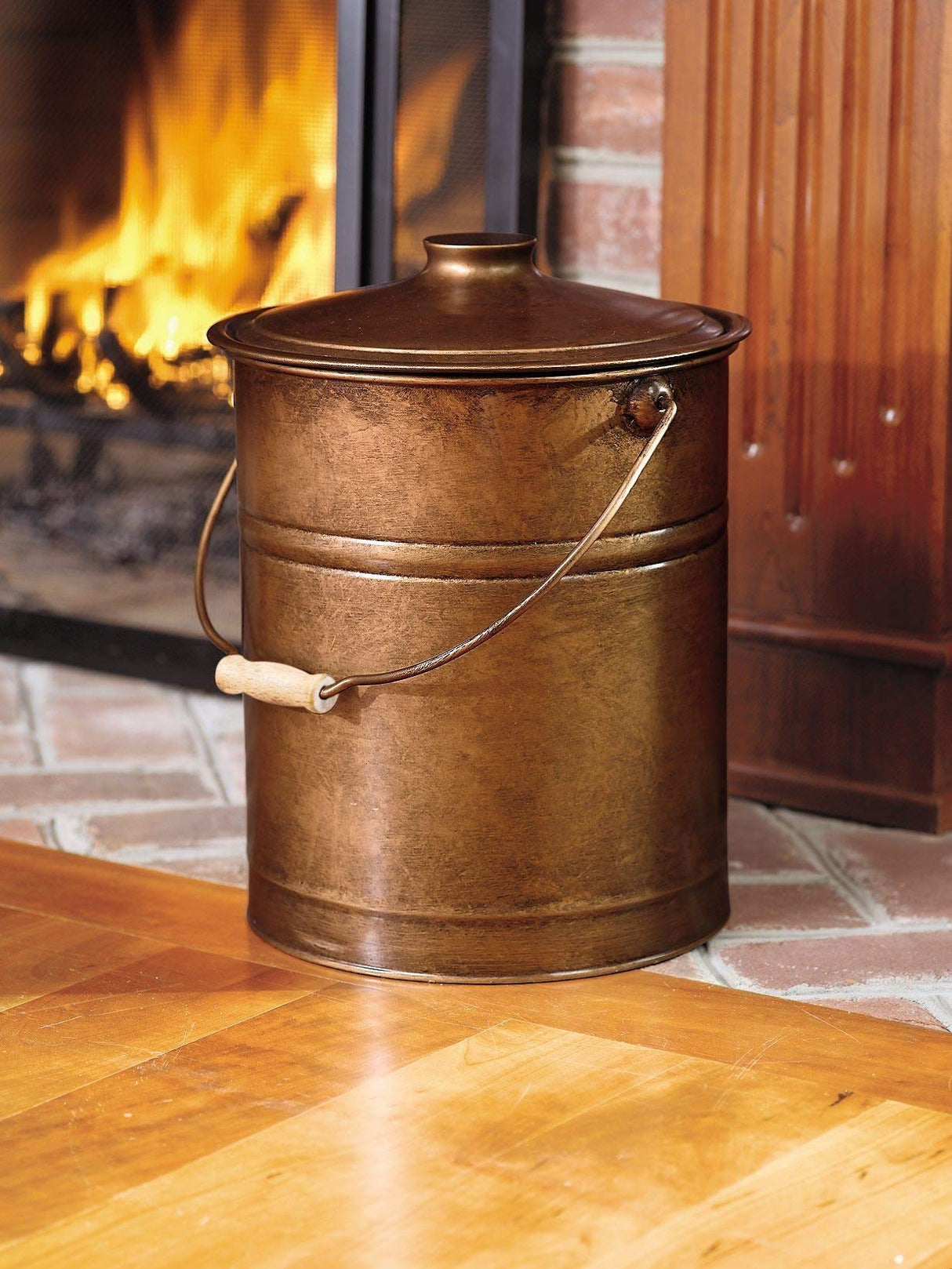 3 Gallon Copper Large Ash Bucket with Lid and Wood Handle | 28 Gauge Galvanized Iron Metal