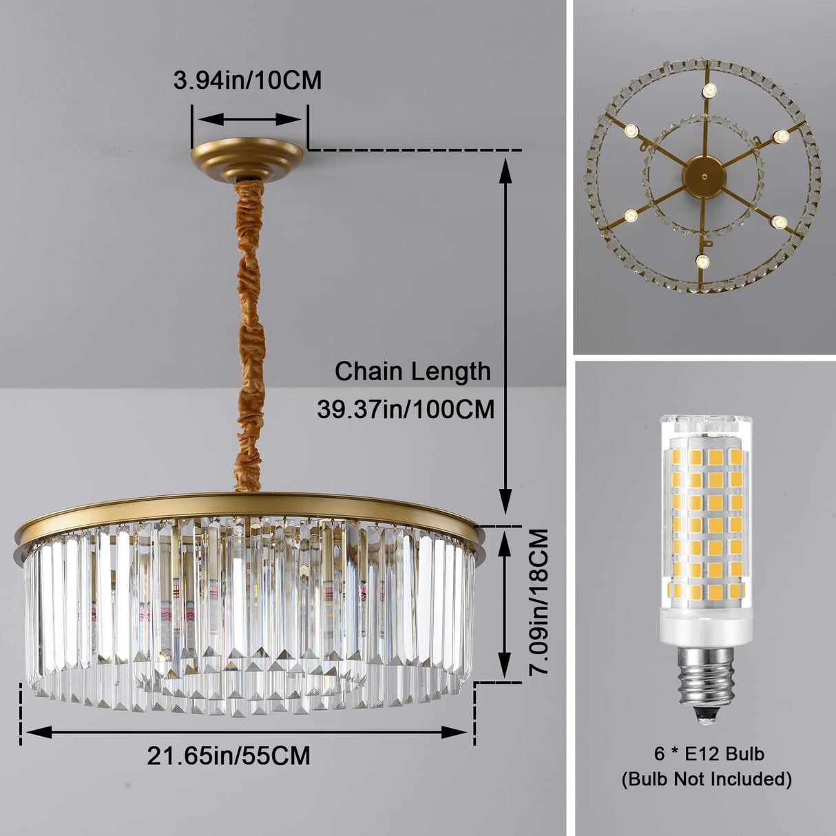 Gold Modern Crystal Chandelier, 2-Tier Round Flush Mount Ceiling Light Fixtures Height