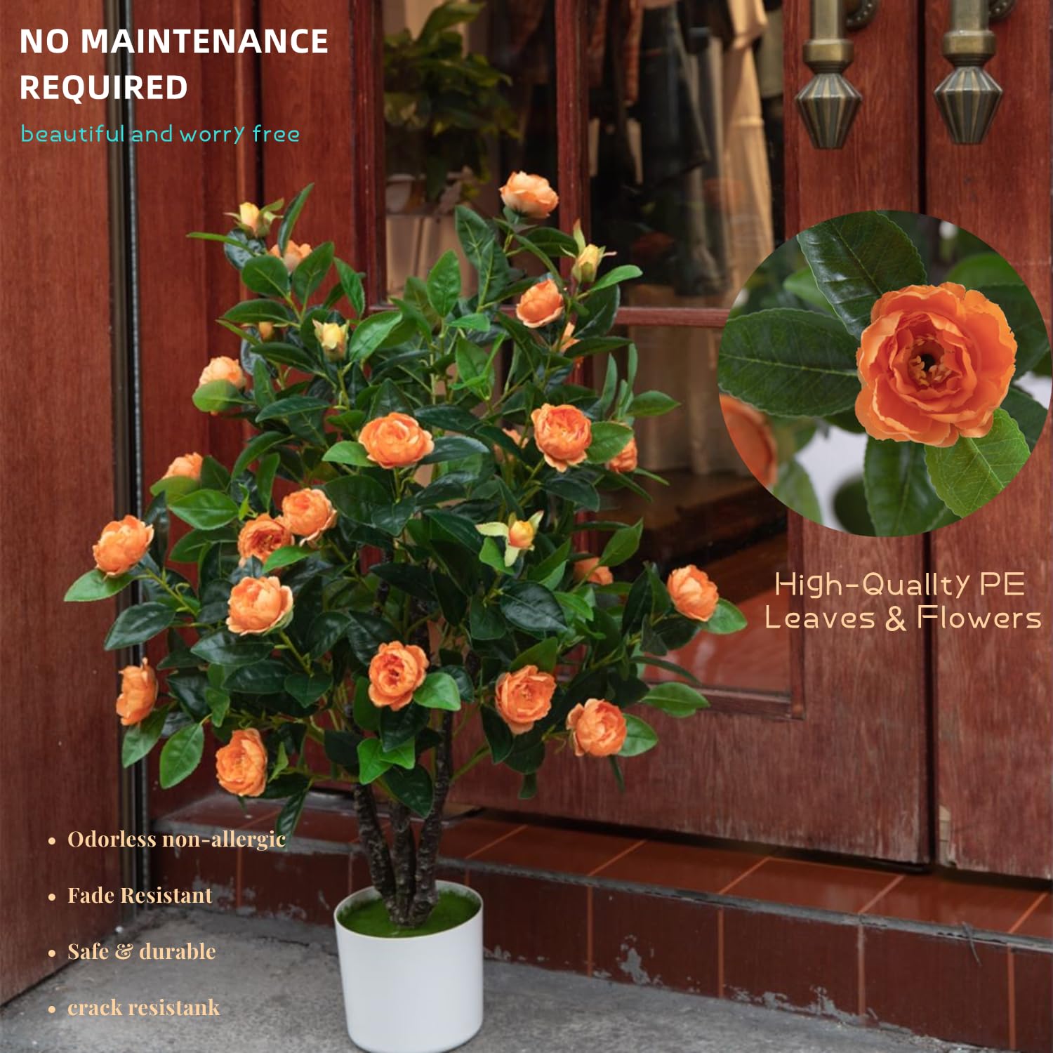 Artificial Camellia Tree 35in Faux Floral Plant with Red Flowers and Green Leaves