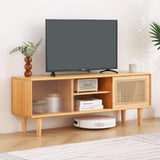 TV Stand for 55 Inch TV, Bamboo TV Cabinet with Adjustable Shelf and Storage, Boho