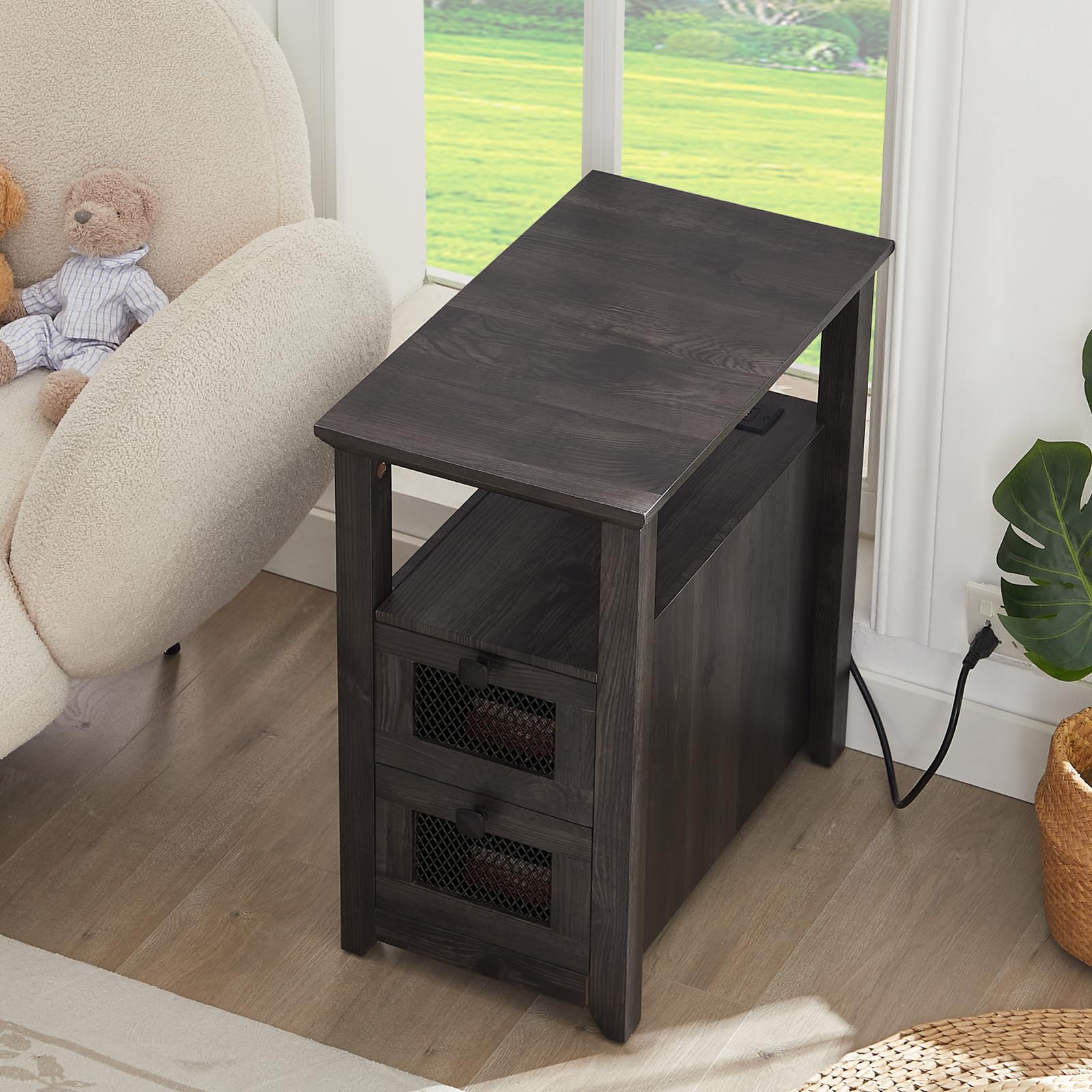 Farmhouse XXL End Table with Charging Station, Narrow Side Table