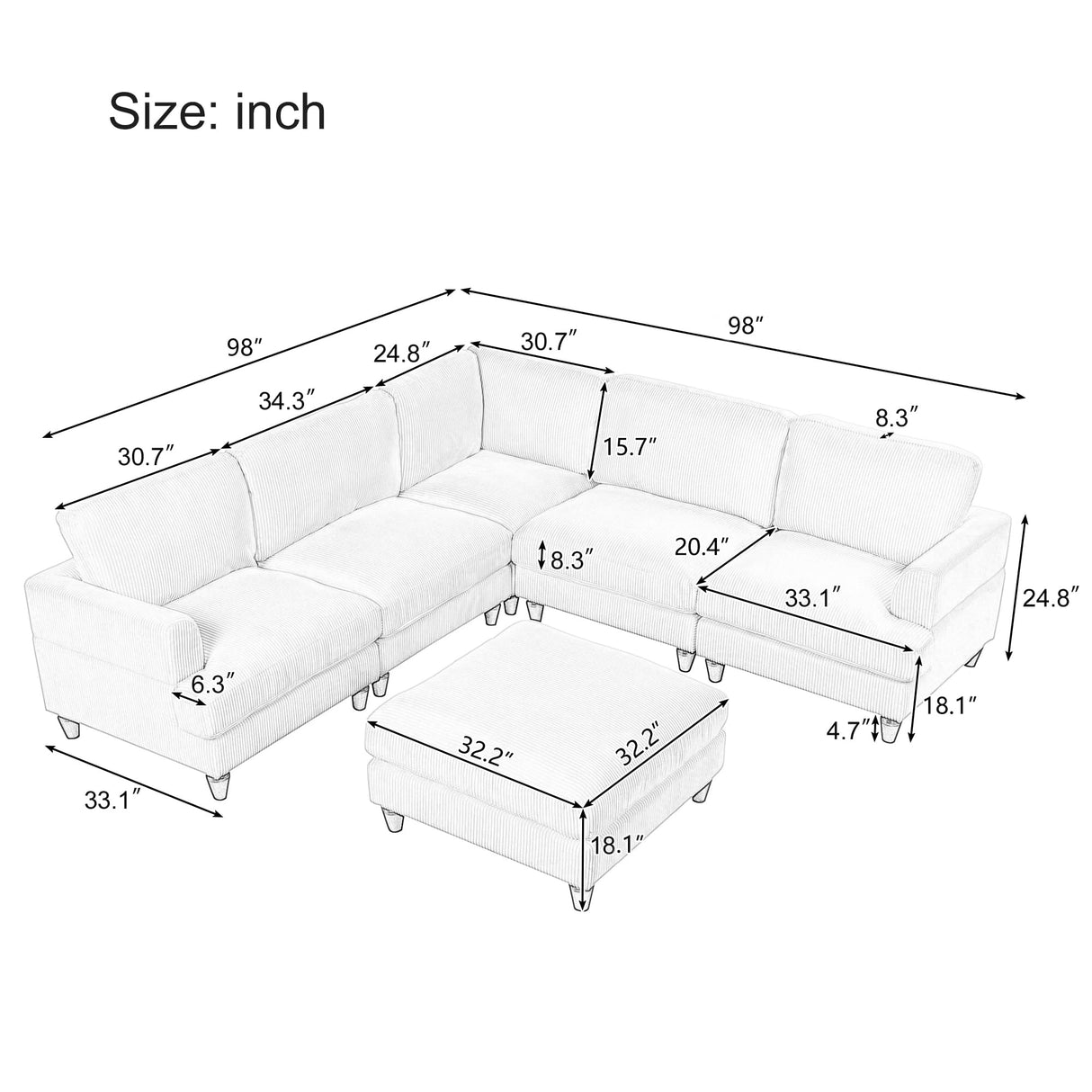 Corduroy Fabric Couch with Ottoman, L Shaped Sectional Sofa, 98" L Modular Corner