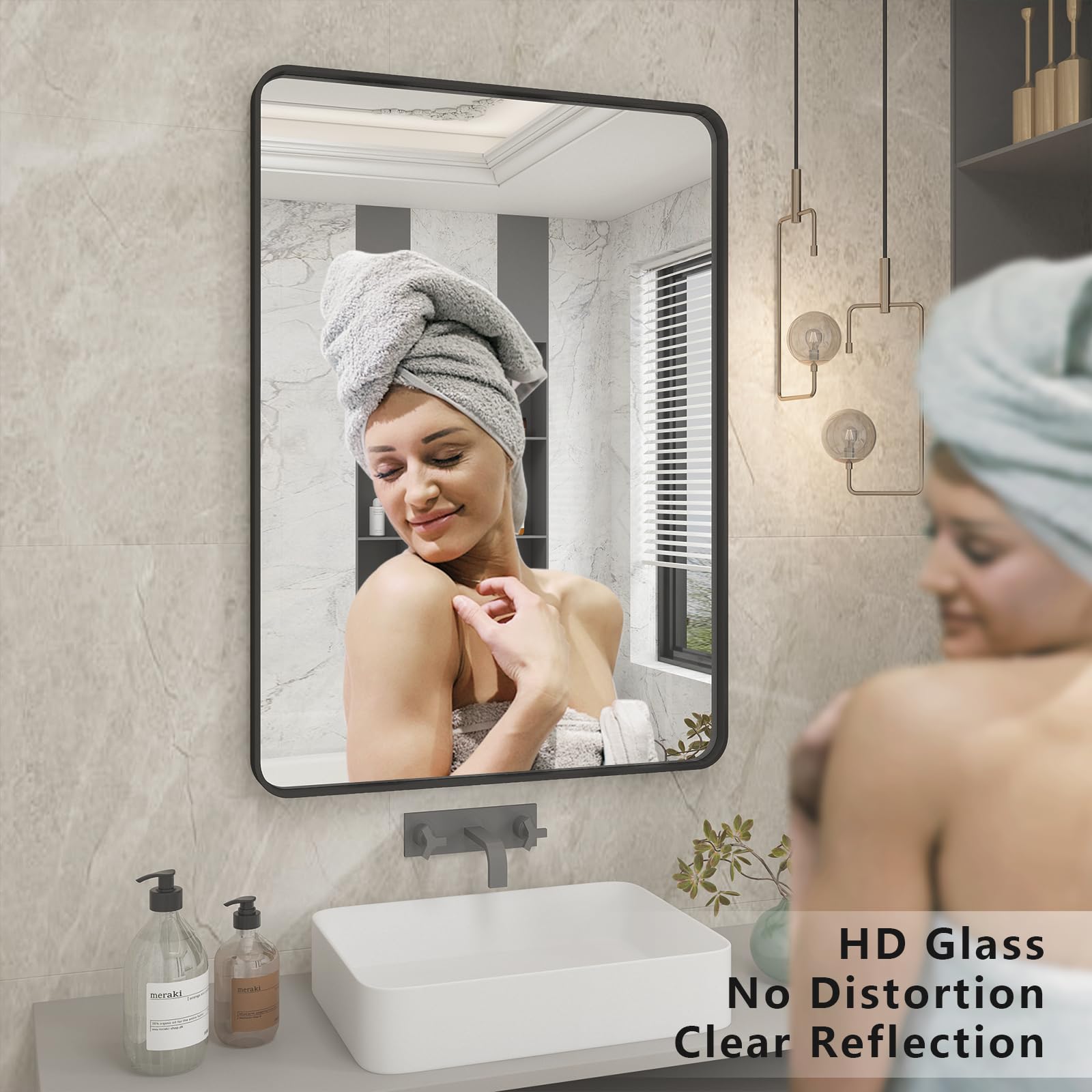 CHARMOR 24x30 Inch Black Metal Framed Bathrrom Mirror for Wall, Matte Black Rectabgle Mirror, Rounded Corner, Anti-Rust (Horizontal/Vertical)