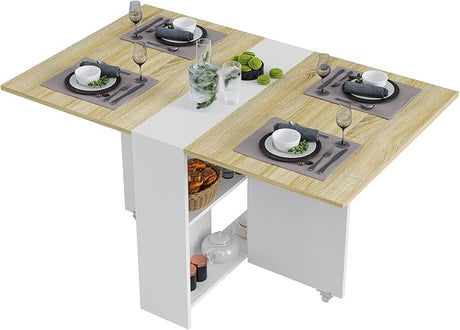 Folding Dining Table, Versatile Dinner Table with 6 Wheels and 2 Storage Racks,