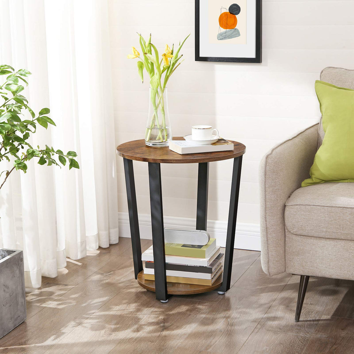 End Table, Round Side Table with Storage Shelf, Easy Assembly