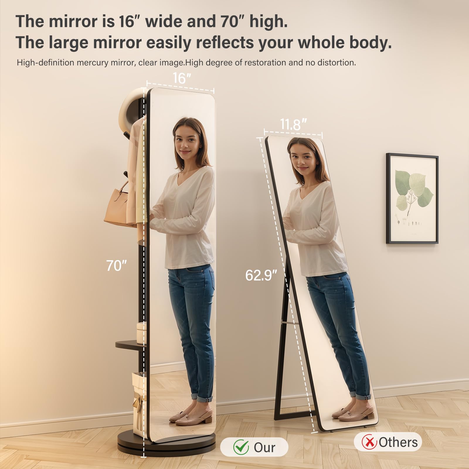 70x19 Full Length Floor Mirror with Stand - Solid Wood Swivel Mirror