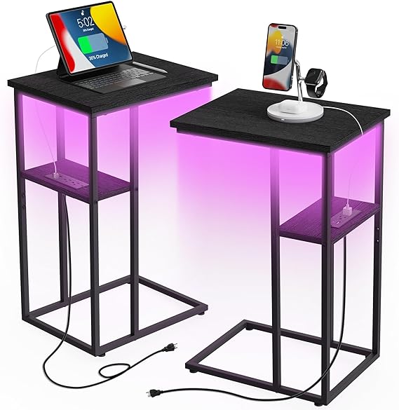 Side Table with Charging Station Set of 2, C Shaped End Table with LED Light Strip