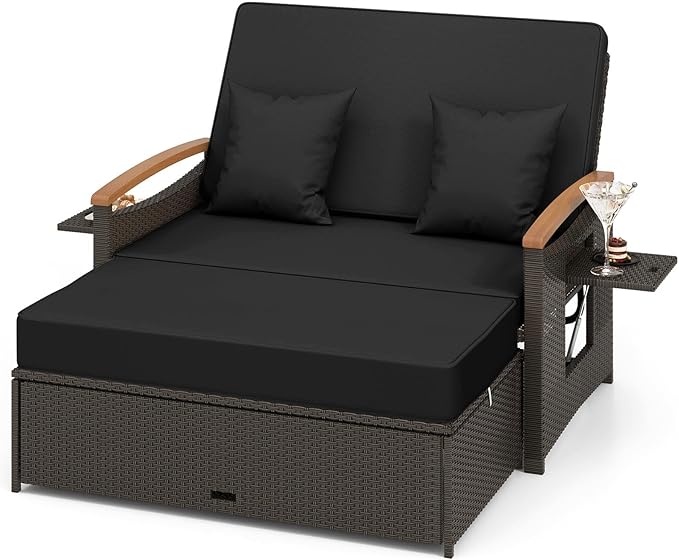 Moccha Outdoor Wicker Daybed, Patio Rattan Loveseat Sofa w/ 4-Level Adjustable