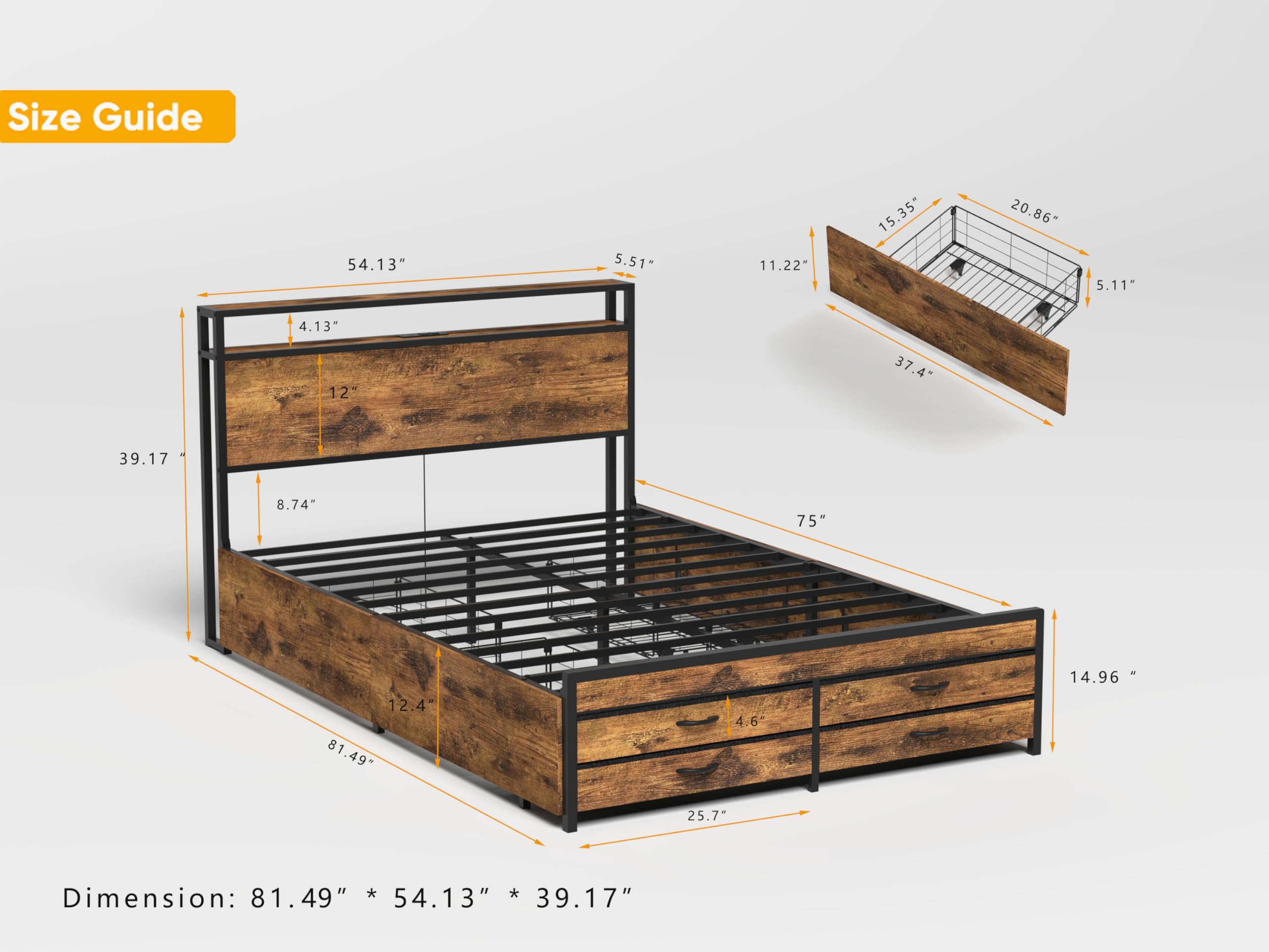 Full Size Metal Bed Frame with LED Headboard and Storage Drawers