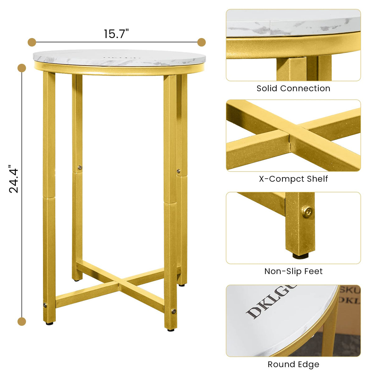 Modern Gold Side Table, Small Coffee Table Round End Table with Gold Frame