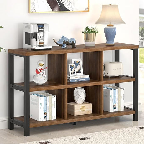 6 Cube Storage Organizer with Shelf, Industrial Horizontal Bookshelf, Low Cubby Bookcase for Living Room