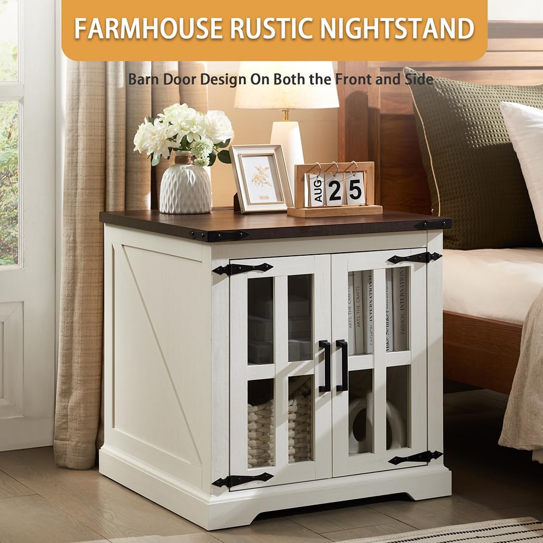 Farmhouse End Table with Charging Station,24" Large Sofa Side Table