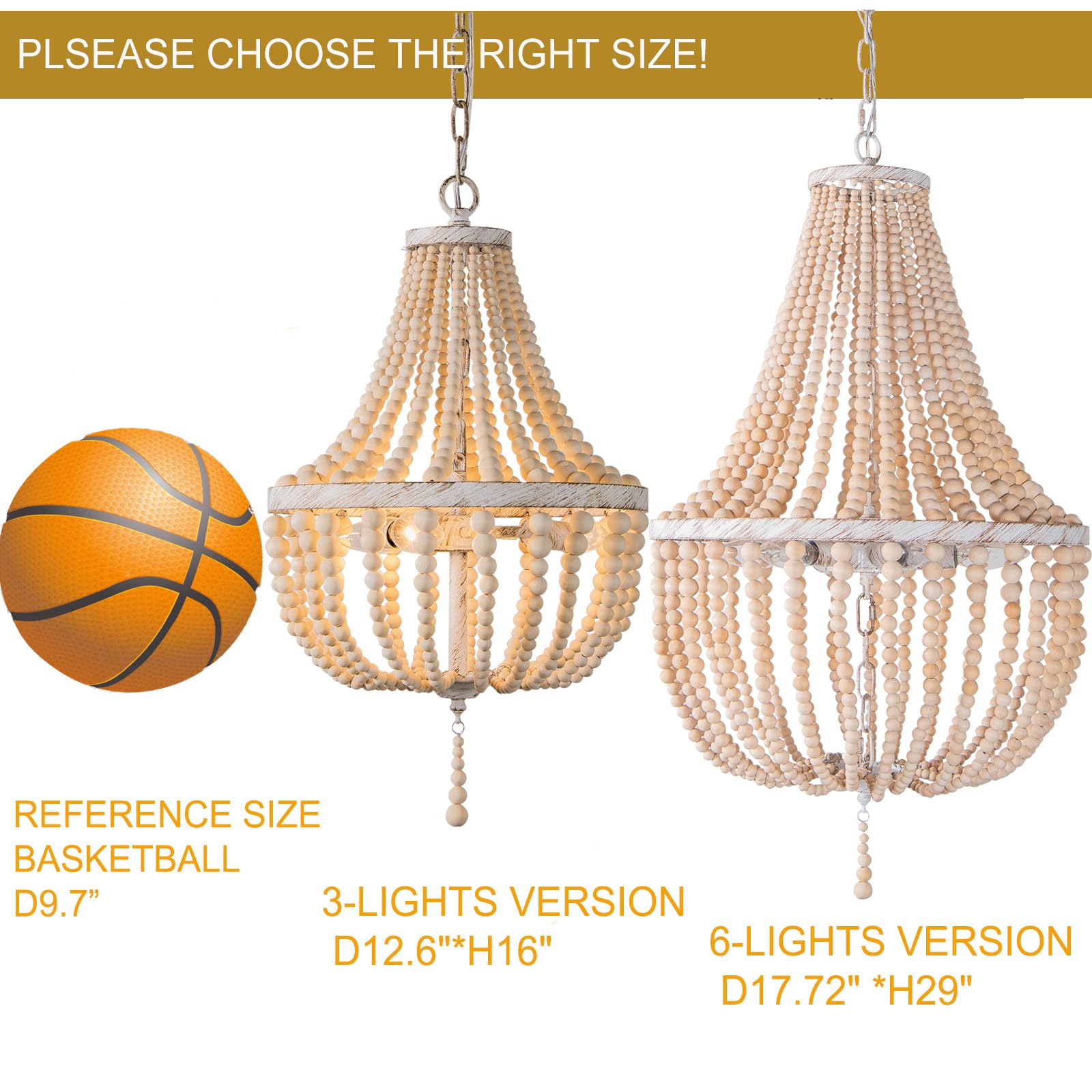 18-inch Boho Wood Beaded Chandelier Modern Farmhouse Ceiling Pendant Hanging