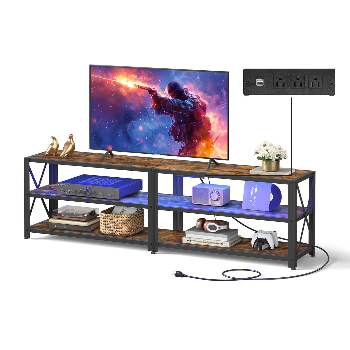 Power Outlets and LED Lights, for TVs up to 75 Inches, Entertainment Center with Open