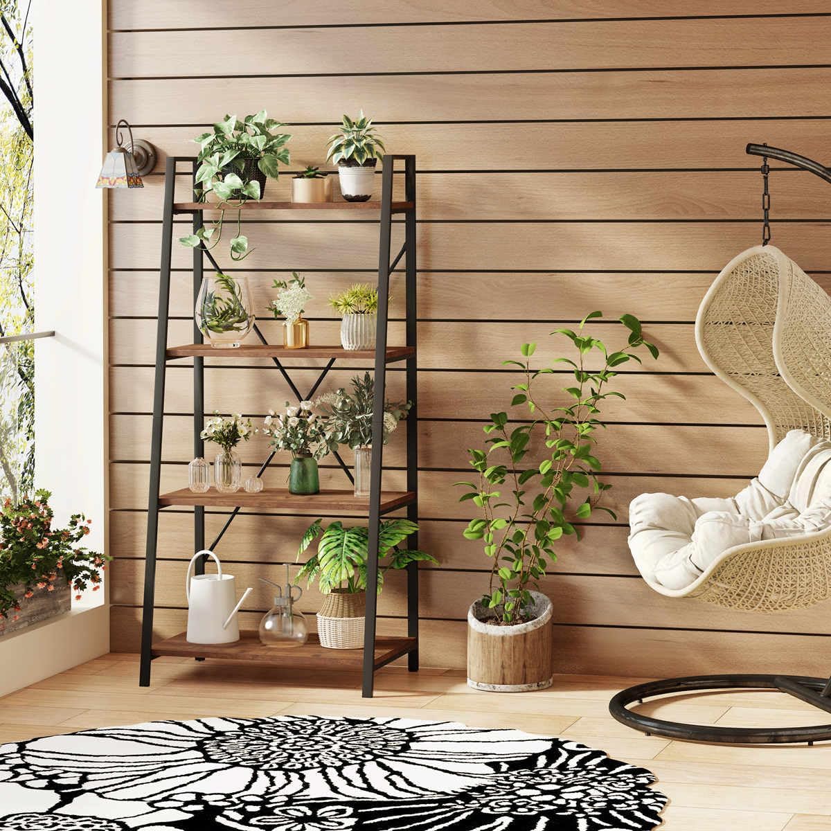 Industrial Ladder Shelf Bookcase, 4 Tier Rustic Ladder Bookshelf, Standing Leaning Book