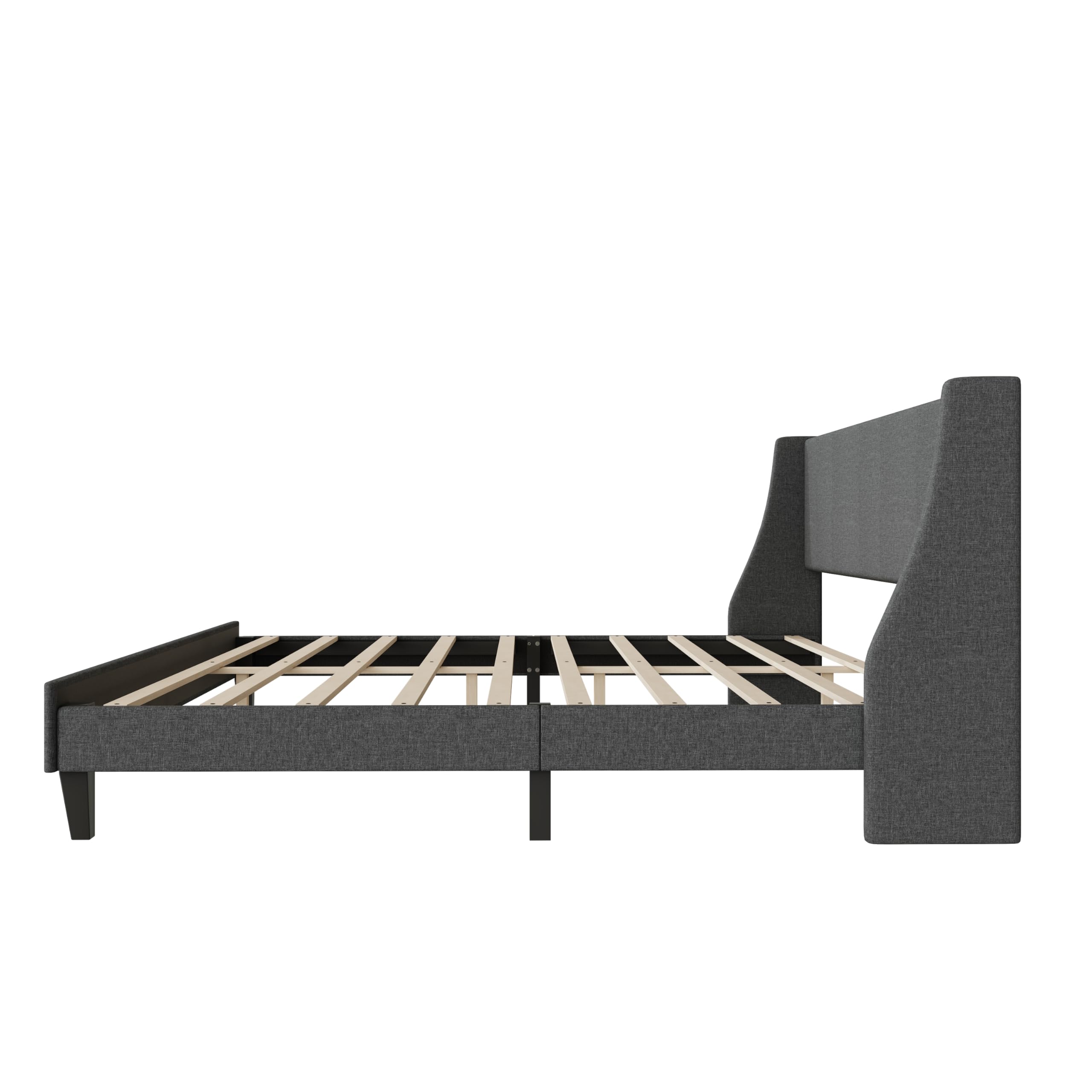 King Size Upholstered Platform Bed with Linen Fabric Adjustable Headboard