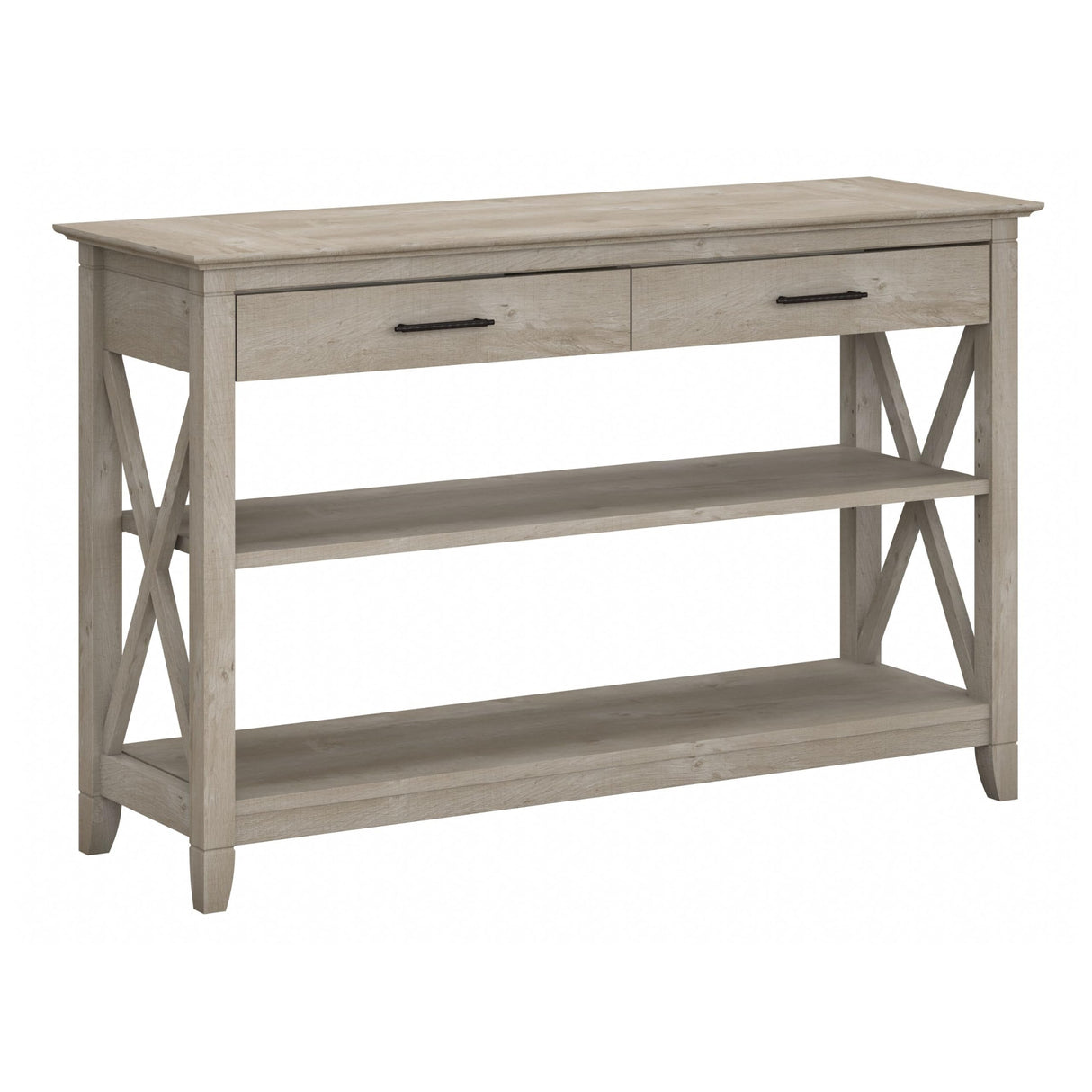 Key West Console Table with Drawers and Shelves in Washed Gray