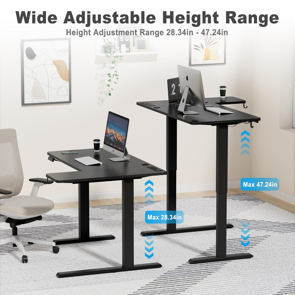 Mr IRONSTONE L Shaped Electric Standing Desk, 47 Inch Height Adjustable Desk with 3 AC Outlets & 2 USB Ports, Corner Adjustable Desk Sit Stand Desk Home Office Computer Desk, Black