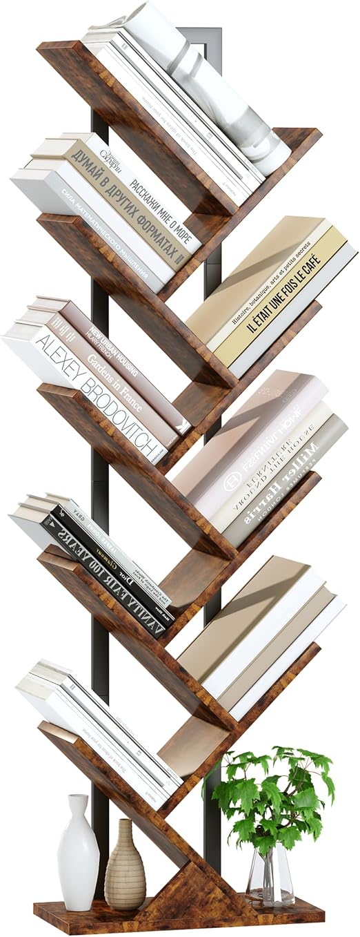 Tree Bookshelf, Geometric Bookcase with Steel Pipe for Living Room Bedroom