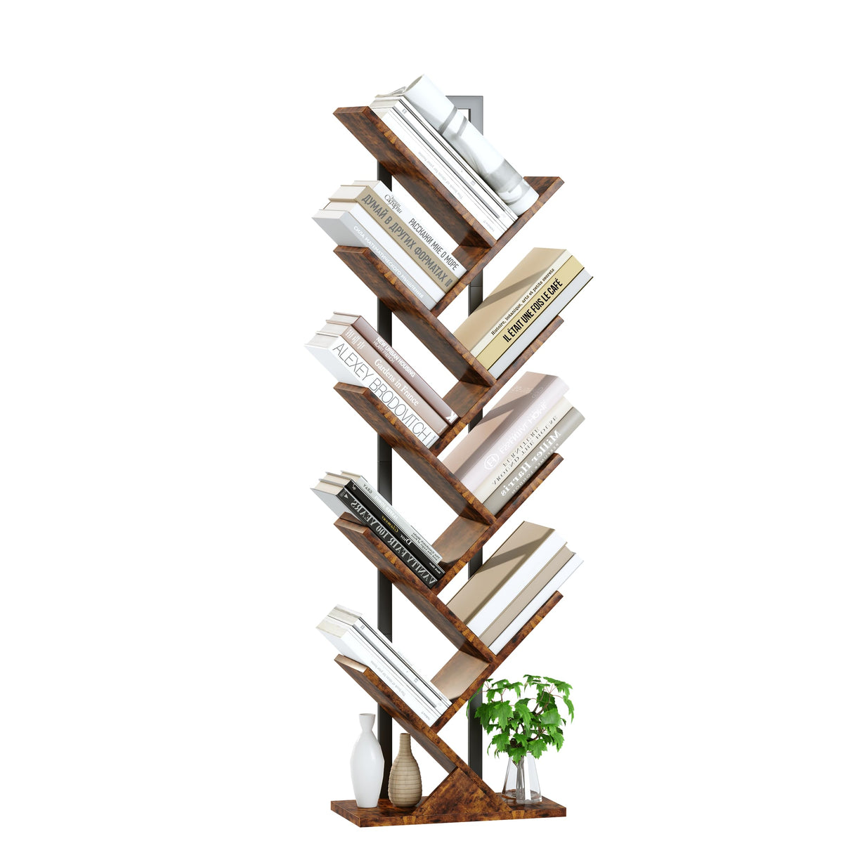 Tree Bookshelf, Geometric Bookcase with Steel Pipe for Living Room Bedroom, Floor Standing Shelves for Home Office (Rustic Brown, 9 Tier)