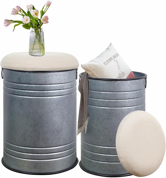 Metal Barrel Ottoman Storage Stool Set of 2, Rustic Accent Side Table