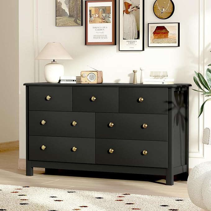 White Dresser for Bedroom, 7 Drawer Dresser & Chest of Drawer with Black Handle