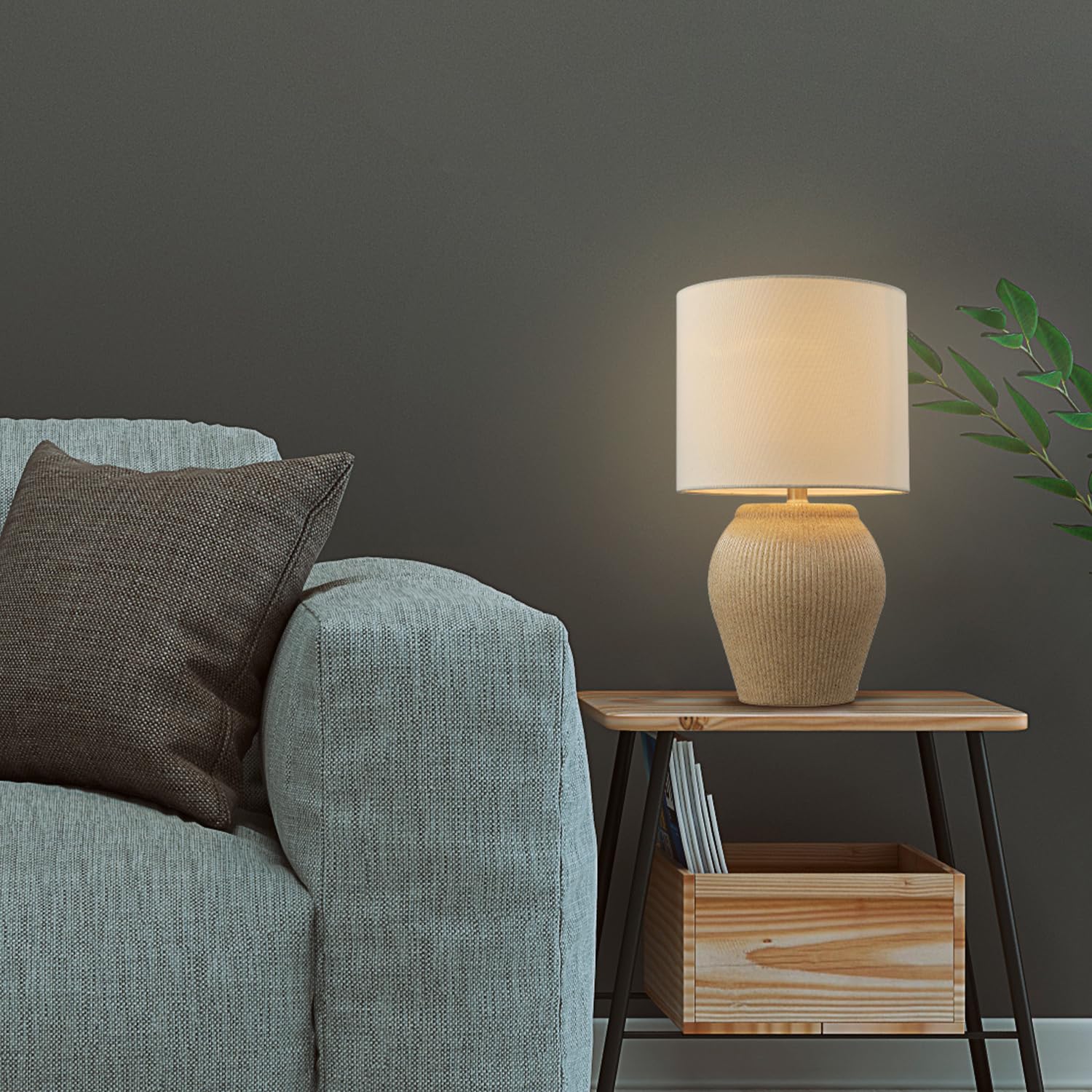 Ceramic Table Lamp, Soft Beige Finish, White Linen Shade