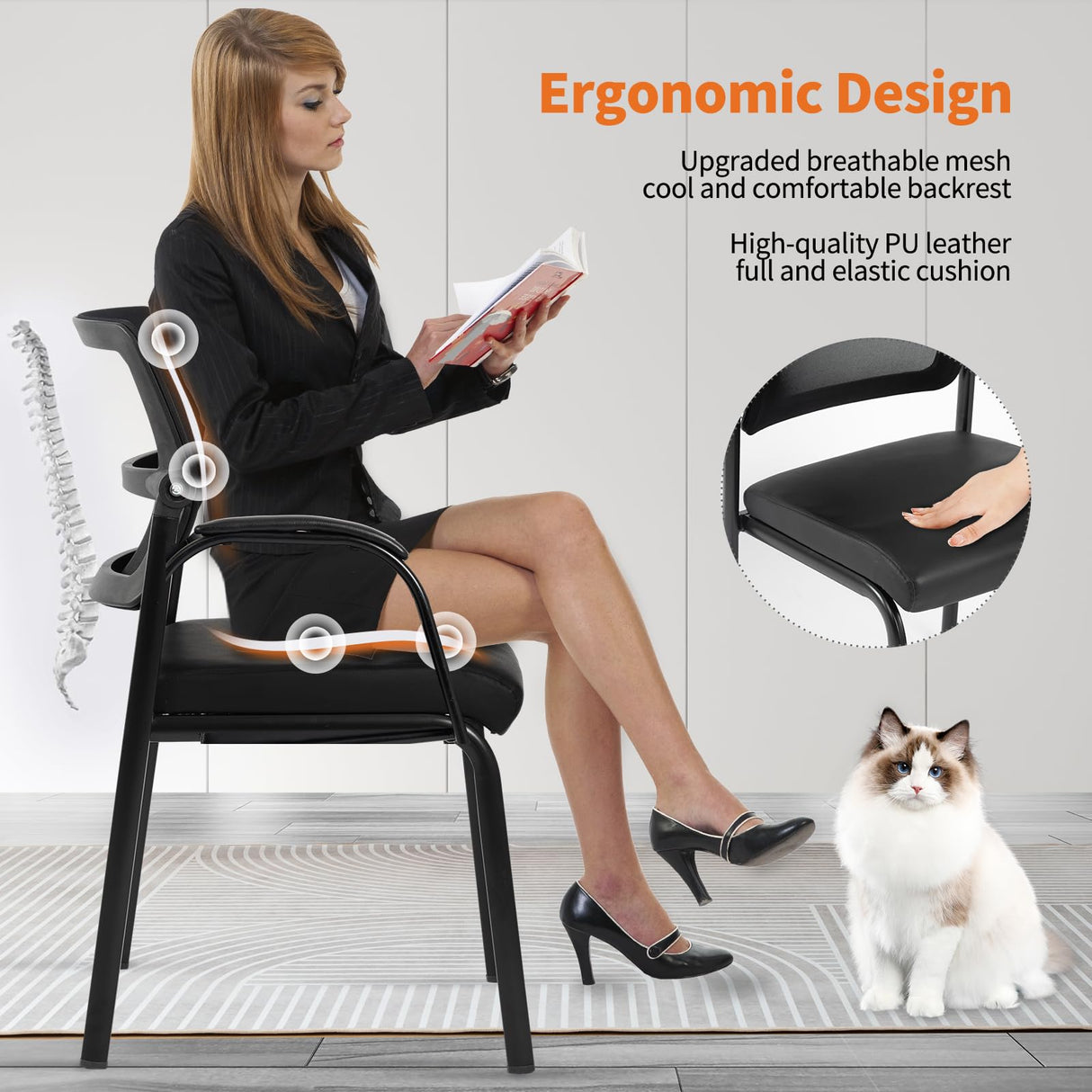 Office Guest Reception Chairs with Leather Cushion and Ergonomic Lumbar Support