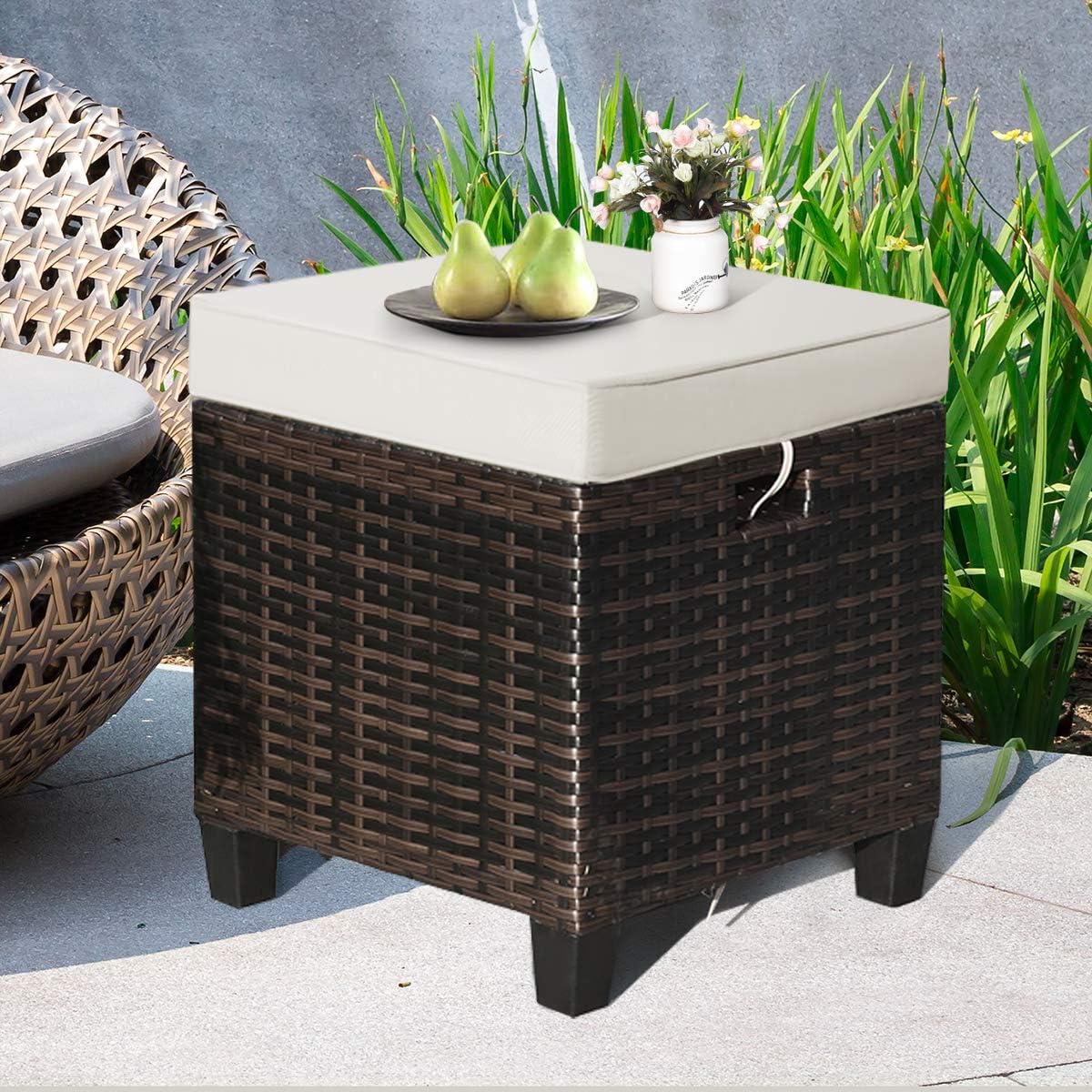 4 Pieces Outdoor Patio Ottoman, All Weather Rattan Wicker Ottoman Sea