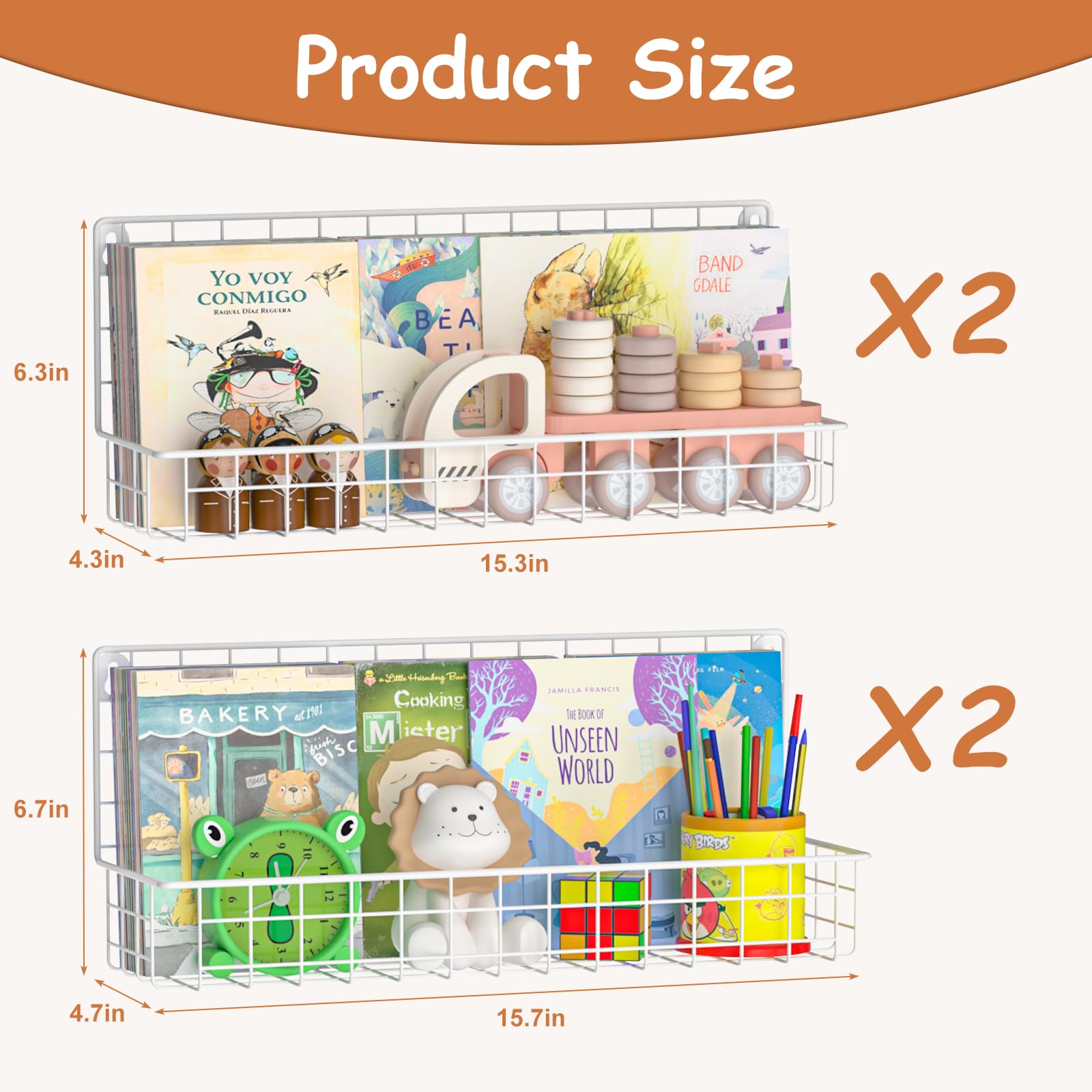 Wall Mounted Metal Kids Bookshelf, Floating Book Shelves
