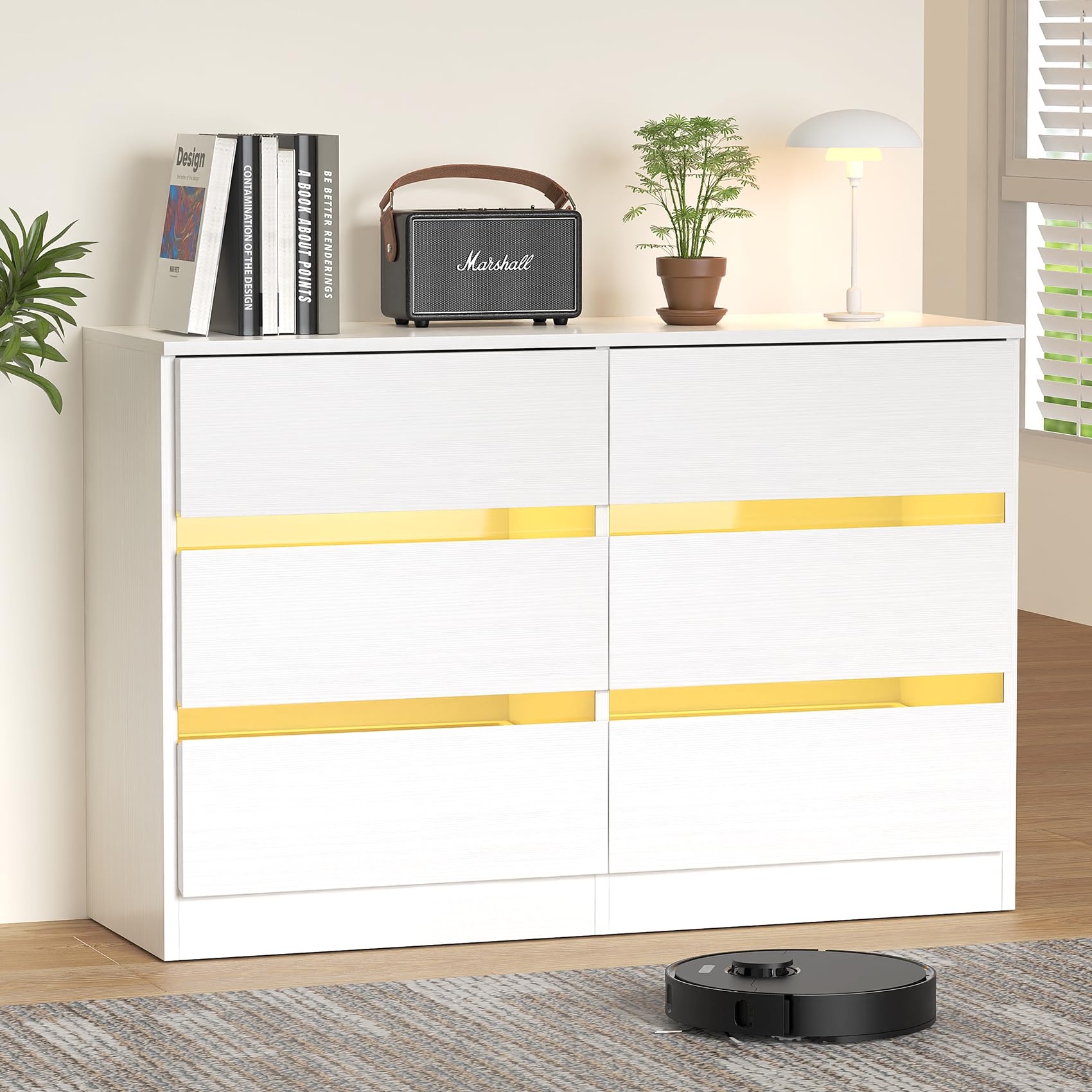 6 Drawer Dresser with LED Light, White Dresser with Tempered Glass Panel, Modern