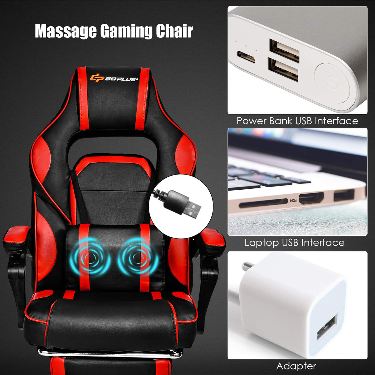 Goplus Massage Gaming Chair, Reclining Backrest, Seat Height Adjustment Racing Computer Office Chair with Footrest, Ergonomic High Back PU Swivel Game Chair (Red)