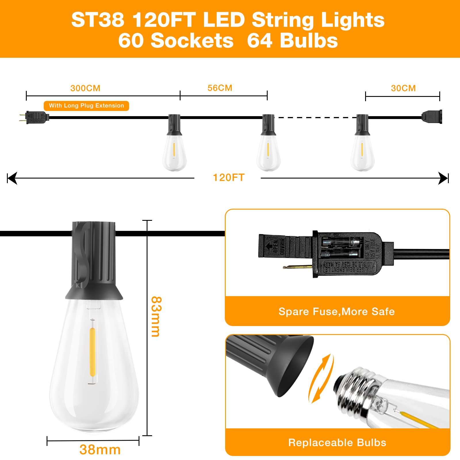 120FT Vintage Edison Bulb LED String Lights - Waterproof, Shatterproof